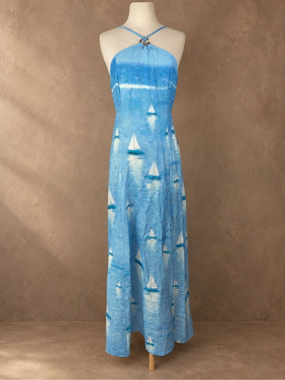 Celandine Size S NWT Anthropologie Sailboat Halter Maxi Dress Blue Open Back Coa